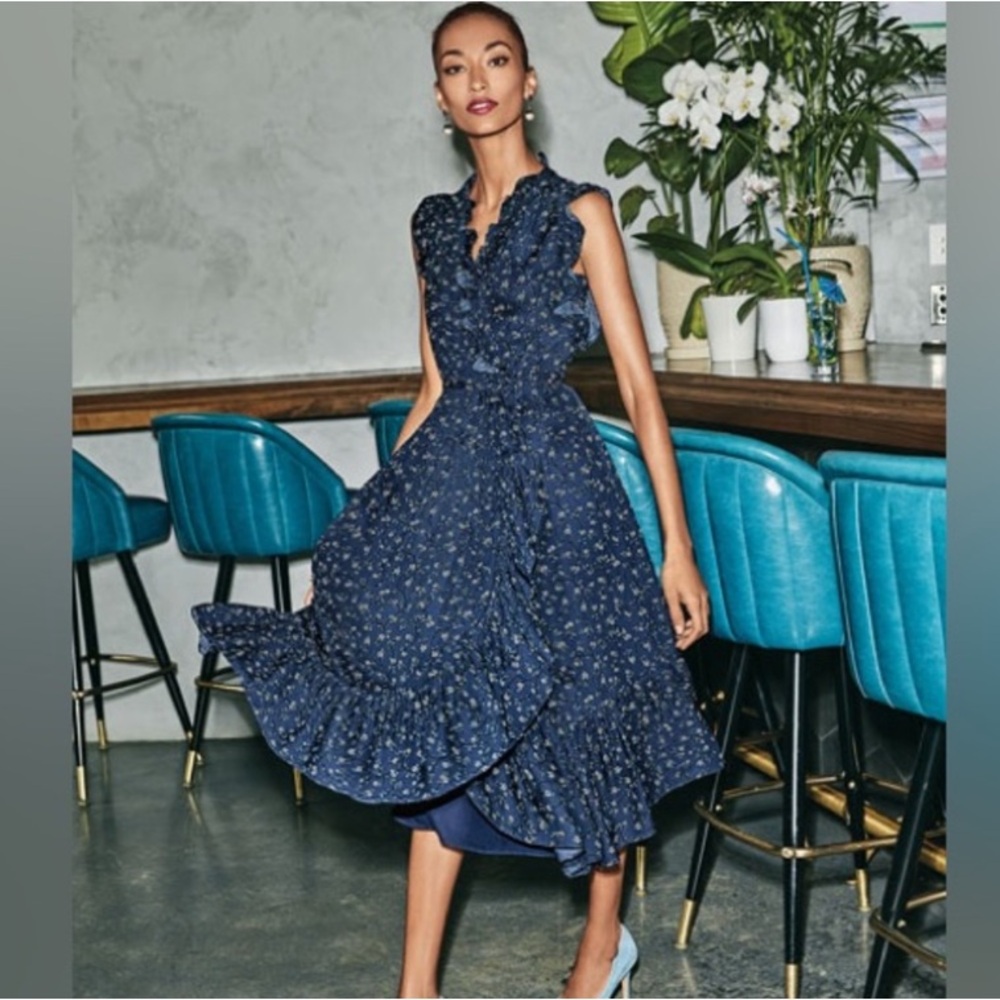 Kate Spade navy blue floral belted sundress with ruffled skirt size 14